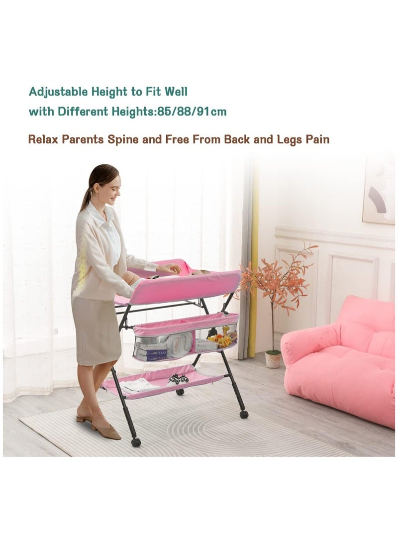 غوغويا Portable Foldable Baby Diaper Changing Table With Wheels, Mobile Nursery Organizer For Newborn Essentials,Pink  - Image 3