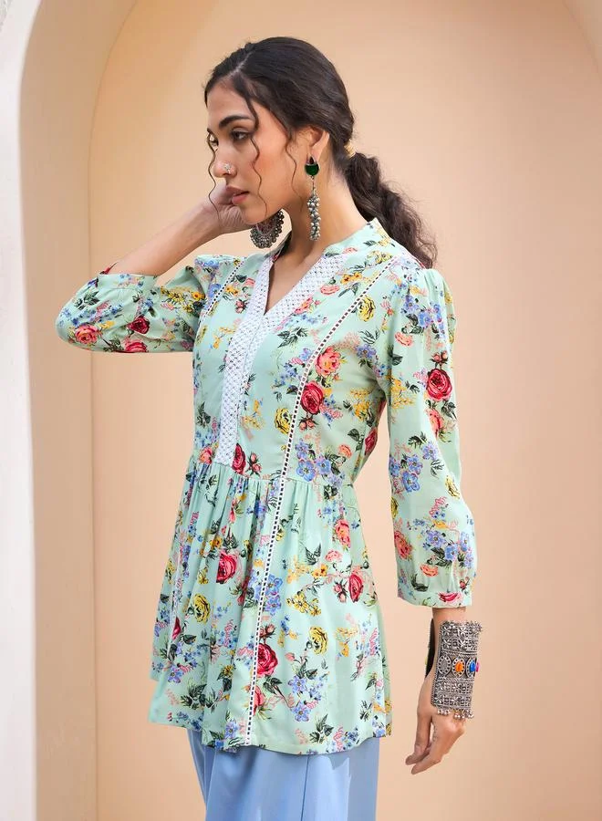 SASSAFRAS SASSAFRAS Green Floral Front Lace Peplum Kurti