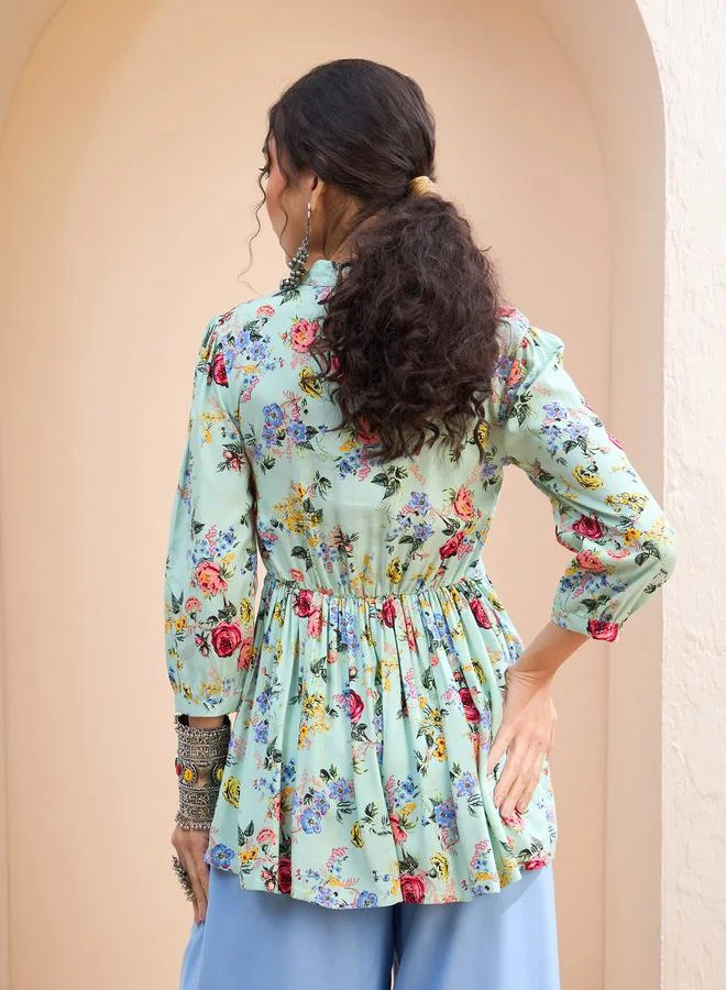 SASSAFRAS SASSAFRAS Green Floral Front Lace Peplum Kurti