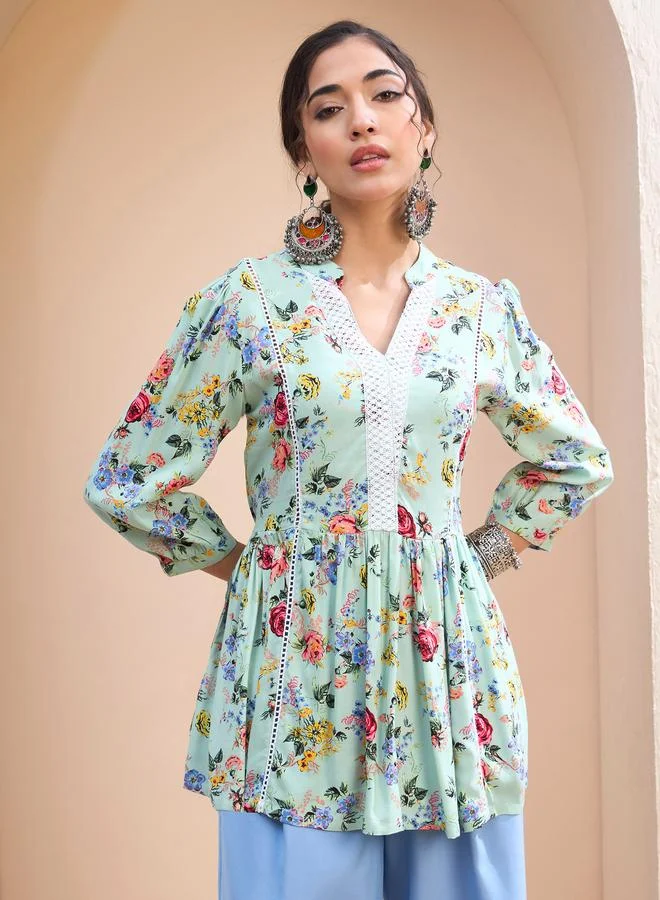 SASSAFRAS SASSAFRAS Green Floral Front Lace Peplum Kurti