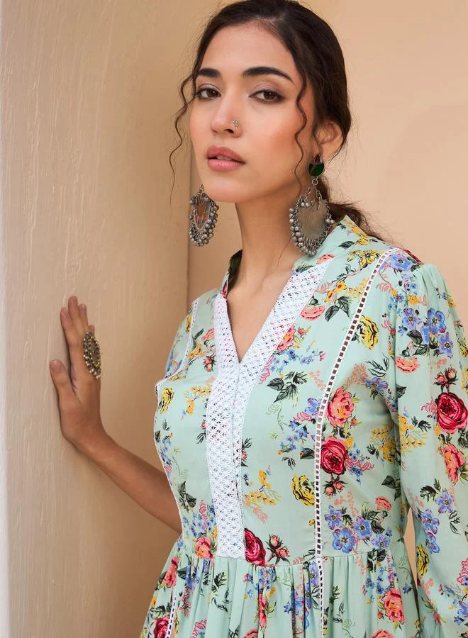 SASSAFRAS SASSAFRAS Green Floral Front Lace Peplum Kurti