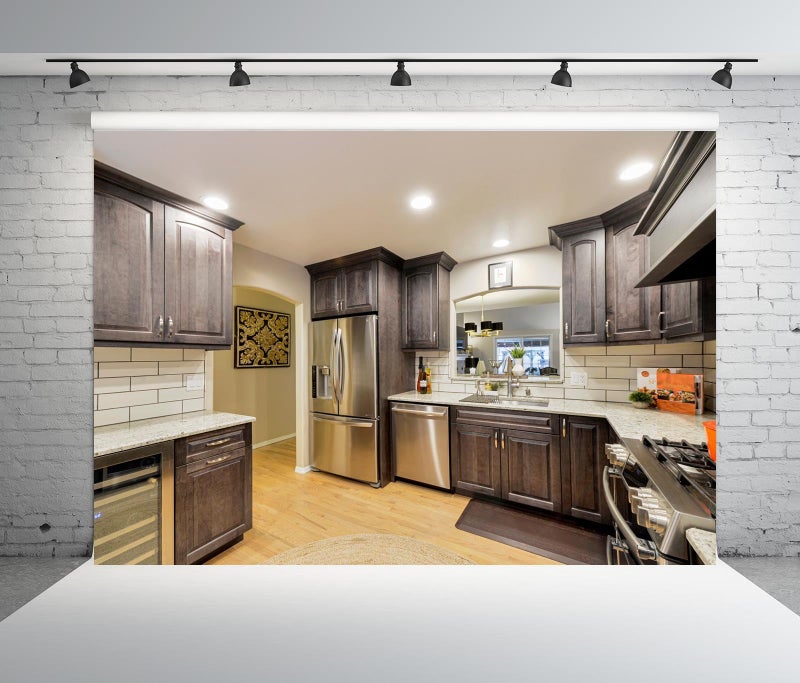 Loccor 7x5ft Fabric Modern Kitchen Interior Backdrop Furniture Oven Cabinet Sink Tableware Home Cuisine Photo Background Kitchen Room Furniture Housewife Cooking Party Decor Photo Props - Image 2