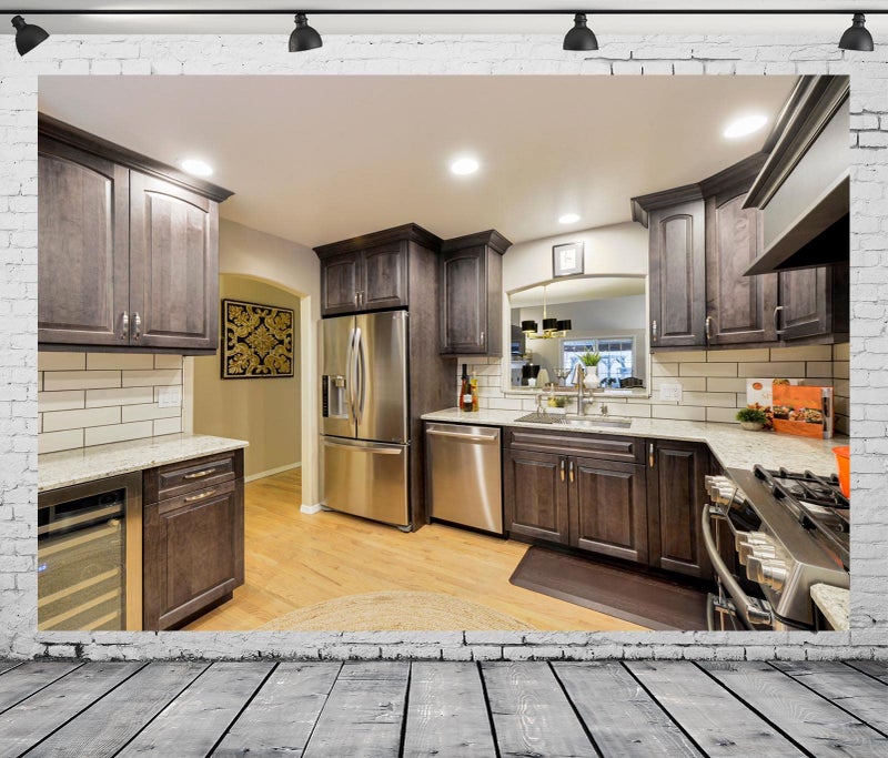Loccor 7x5ft Fabric Modern Kitchen Interior Backdrop Furniture Oven Cabinet Sink Tableware Home Cuisine Photo Background Kitchen Room Furniture Housewife Cooking Party Decor Photo Props - Image 3