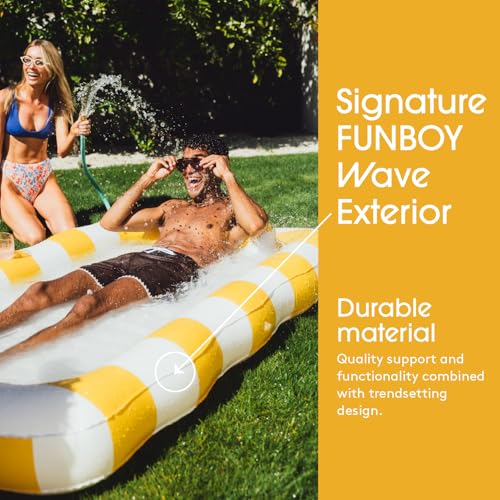 FUNBOY FLOAT لوانجر بركة تانينغ من FUNBOY بخط أصفر XL 72 × 48 مع وسادة مخصصة وحامل أكواب كبير مثالي للبركة أو الفناء الخلفي - Image 5