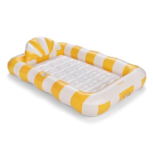 FUNBOY FLOAT لوانجر بركة تانينغ من FUNBOY بخط أصفر XL 72 × 48 مع وسادة مخصصة وحامل أكواب كبير مثالي للبركة أو الفناء الخلفي - Image 1