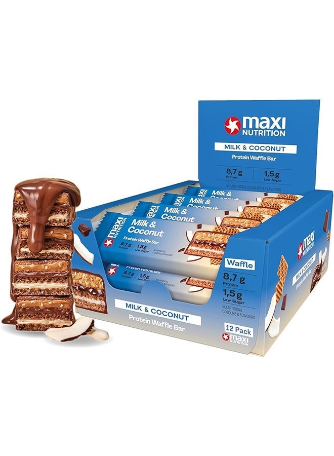 Maxi Nutrition Milk & Coconut Protein Waffle Bar | With 8.7g Protein | Low Sugar Per Serving | No Artificial Colour & Flavor Added (Pack of 12 x 40g Each) - Image 1