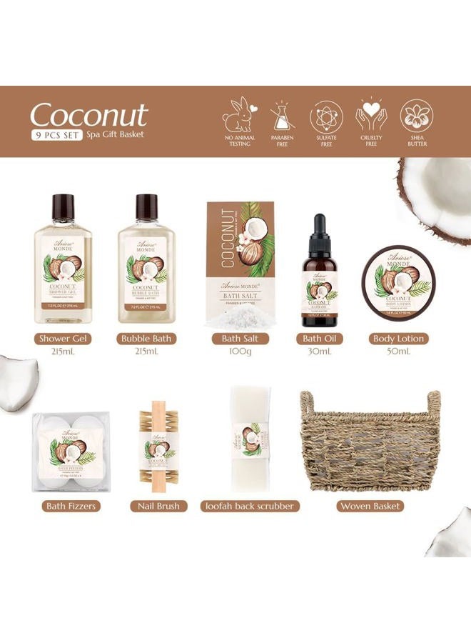ArioseMonde طقم هدايا سلة سبا للاستحمام والاستحمام، برائحة جوز الهند، مع جل الاستحمام، حمام فقاعات، لوشن للجسم، قنبلة استحمام، ملح استحمام، صندوق هدايا للاستحمام والجسم للنساء - Image 2