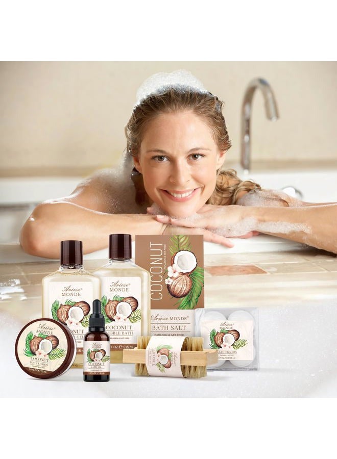 ArioseMonde طقم هدايا سلة سبا للاستحمام والاستحمام، برائحة جوز الهند، مع جل الاستحمام، حمام فقاعات، لوشن للجسم، قنبلة استحمام، ملح استحمام، صندوق هدايا للاستحمام والجسم للنساء - Image 5