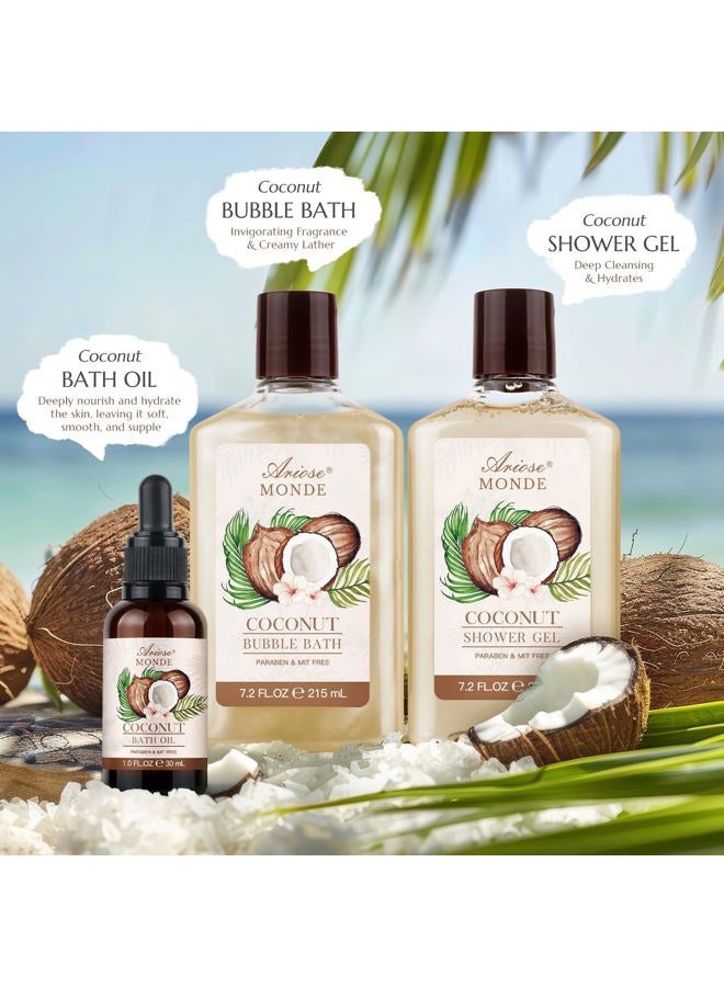 ArioseMonde طقم هدايا سلة سبا للاستحمام والاستحمام، برائحة جوز الهند، مع جل الاستحمام، حمام فقاعات، لوشن للجسم، قنبلة استحمام، ملح استحمام، صندوق هدايا للاستحمام والجسم للنساء - Image 3
