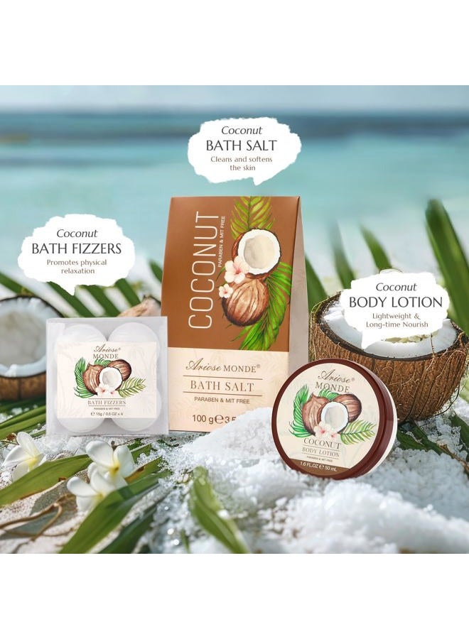 ArioseMonde طقم هدايا سلة سبا للاستحمام والاستحمام، برائحة جوز الهند، مع جل الاستحمام، حمام فقاعات، لوشن للجسم، قنبلة استحمام، ملح استحمام، صندوق هدايا للاستحمام والجسم للنساء - Image 4