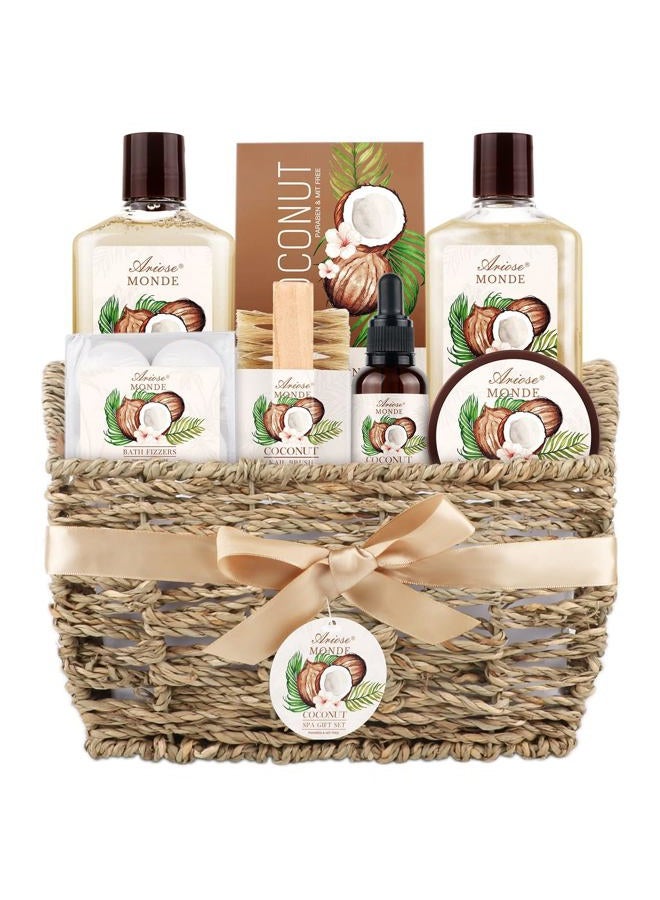 ArioseMonde طقم هدايا سلة سبا للاستحمام والاستحمام، برائحة جوز الهند، مع جل الاستحمام، حمام فقاعات، لوشن للجسم، قنبلة استحمام، ملح استحمام، صندوق هدايا للاستحمام والجسم للنساء - Image 1