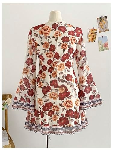 BEAUDRM Women's Y2k Plus Size Hippie Vintage Boho Dress Leopard Bell Long Sleeve V Neck Bow Mesh Goth Mini Dresses Multi Flower X-Large Plus - Image 3