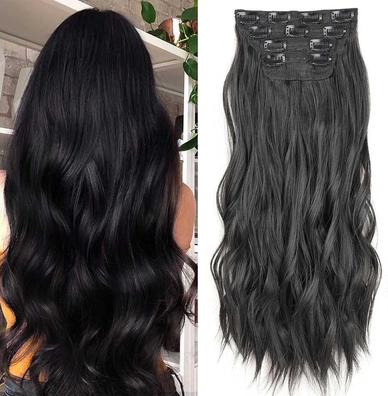 Xtrend 20Inch Black Wavy Clip in Hair Extensions Synthetic Wavy Hair Pieces for Women Girls 4PCS Full Head Set
