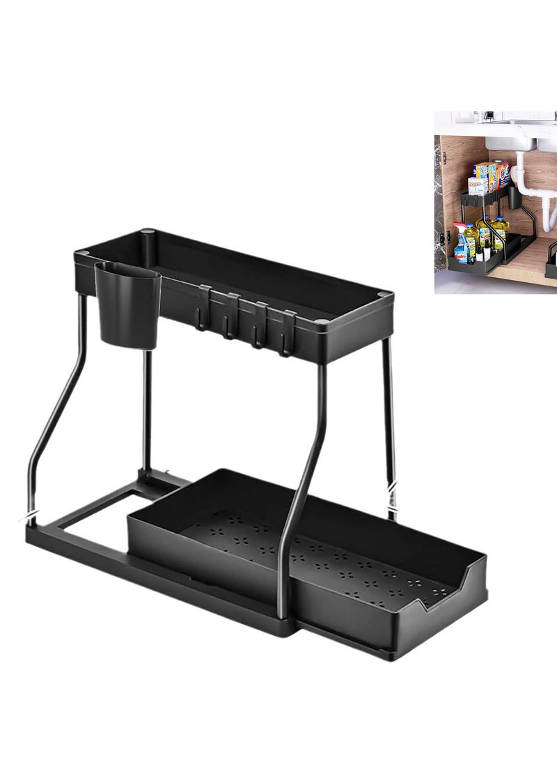 Kitchen Countertop Storage Rack 2-Tier Under Sink Organizers and Storage with Sliding Storage Drawer Desktop Organizer for Kitchen&bathroom (Black)  - Image 1