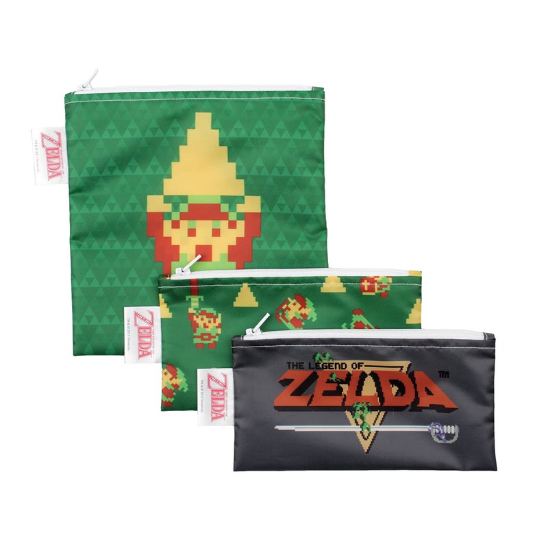 Bumkins Nintendo Reusable Sandwich and Snack Bags for Kids School Lunch and for Adults Portion Washable Fabric Waterproof Cloth Zip Bag Travel Pouch FoodSafe Storage 3pk Legend of Zelda