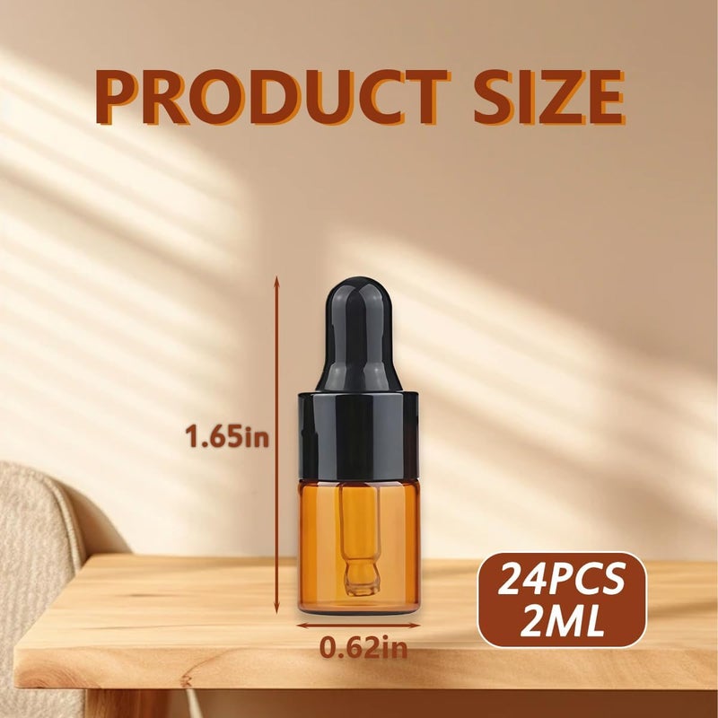 UPSTORE 24PCS Empty Refill Mini Amber Glass Essential Oil Dropper Bottle Jars Packing Vials with Black Rubber Cap Cosmetic Perfume Sample Liquid Storage Holder Containder Makepup Beauty Tool(2ml) - Image 2