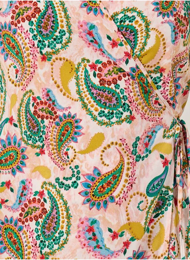 Styli Plus Size All-Over Print Satin Wrap Maxi Dress with Tie-Up Detail