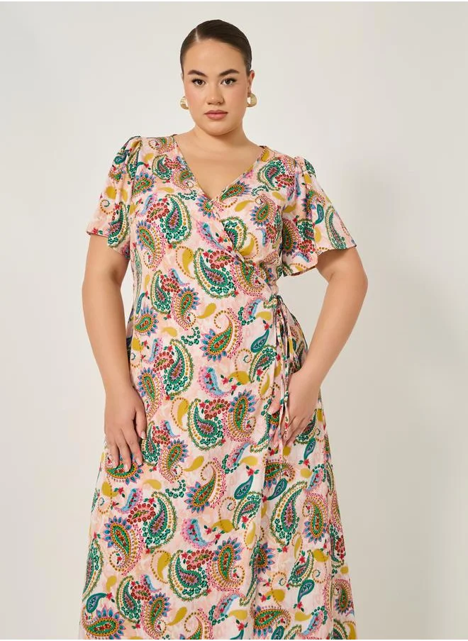 Styli Plus Size All-Over Print Satin Wrap Maxi Dress with Tie-Up Detail