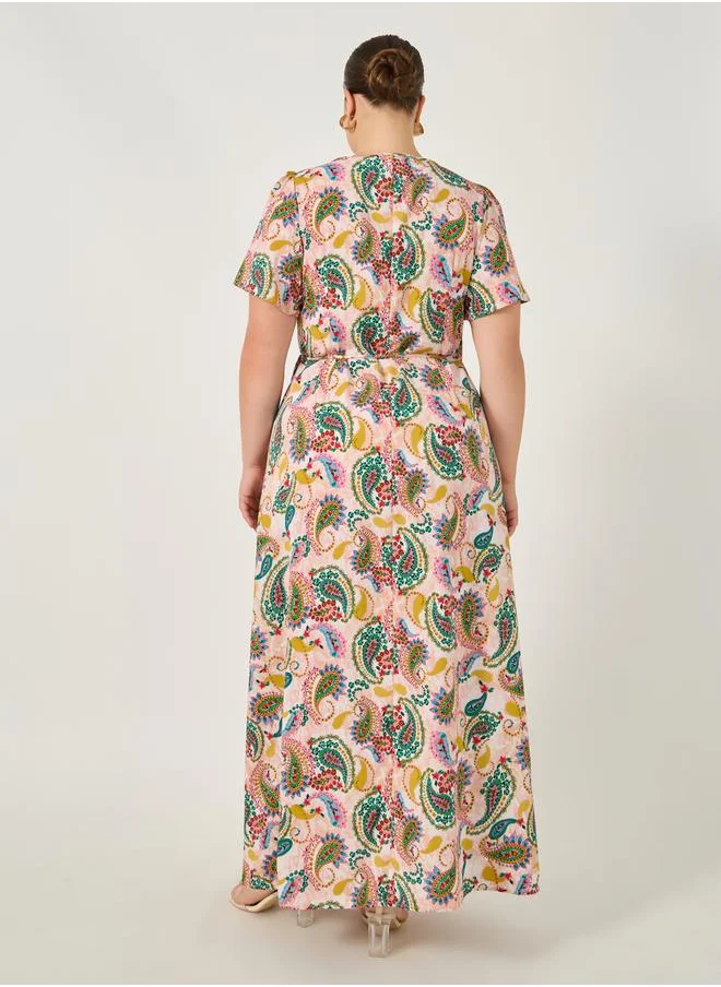 Styli Plus Size All-Over Print Satin Wrap Maxi Dress with Tie-Up Detail