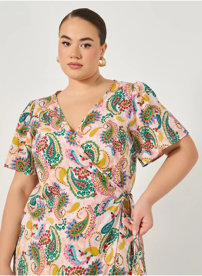 Styli Plus Size All-Over Print Satin Wrap Maxi Dress with Tie-Up Detail