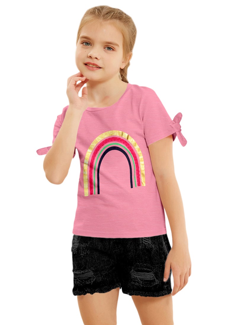 Lauren Smith Kids Girls Fashion Tie up Sleeve T Shirt with Lace and Foil Print 100 percent Cotton - Image 2