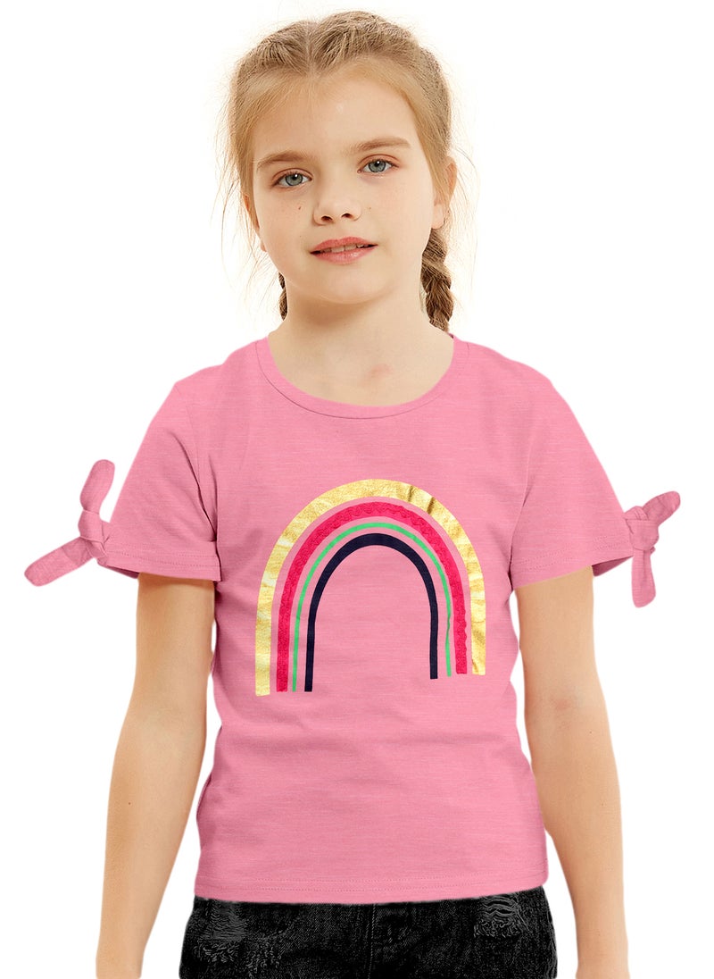 Lauren Smith Kids Girls Fashion Tie up Sleeve T Shirt with Lace and Foil Print 100 percent Cotton - Image 1