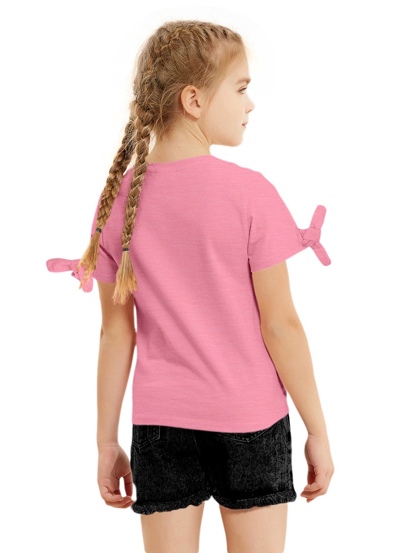 Lauren Smith Kids Girls Fashion Tie up Sleeve T Shirt with Lace and Foil Print 100 percent Cotton - Image 3