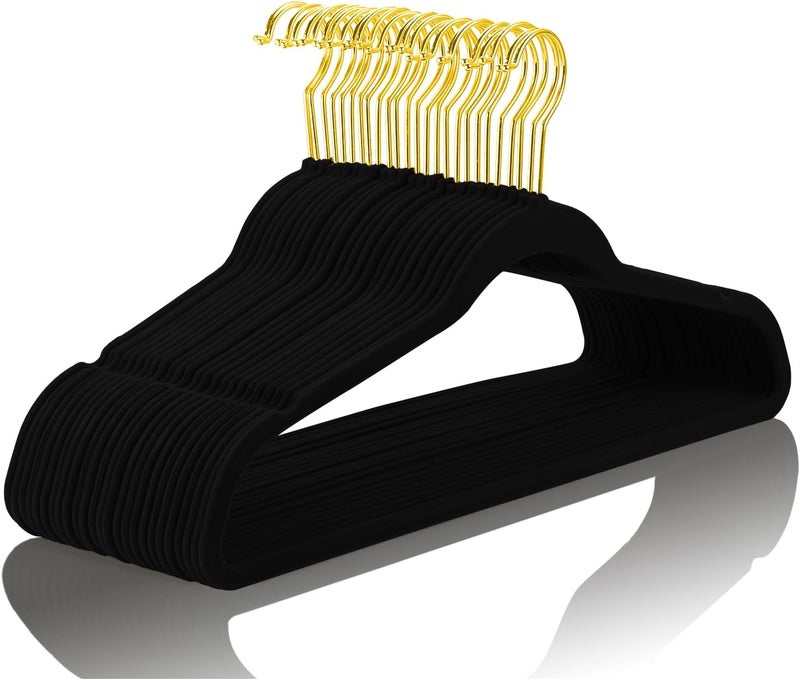 MIZGI Premium Velvet Hangers Pack 50 Pcs Heavyduty - Non Slip Slimline - Velvet Suit Hangers Black - Gold Hooks,Space Saving Clothes Hangers (Black). - Image 1