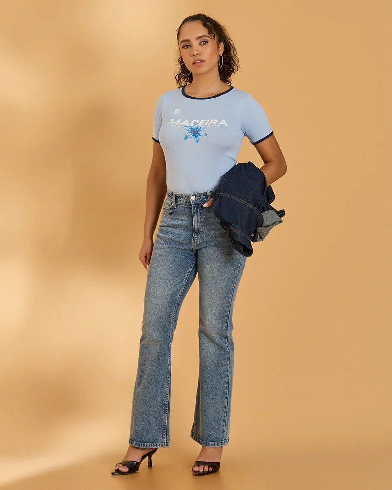 Redtag Women Blue Madeira Print T-Shirt