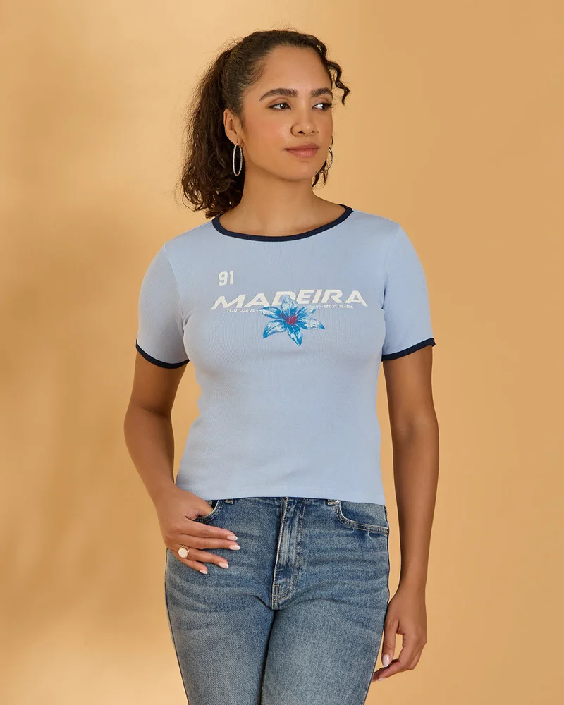 Redtag Women Blue Madeira Print T-Shirt