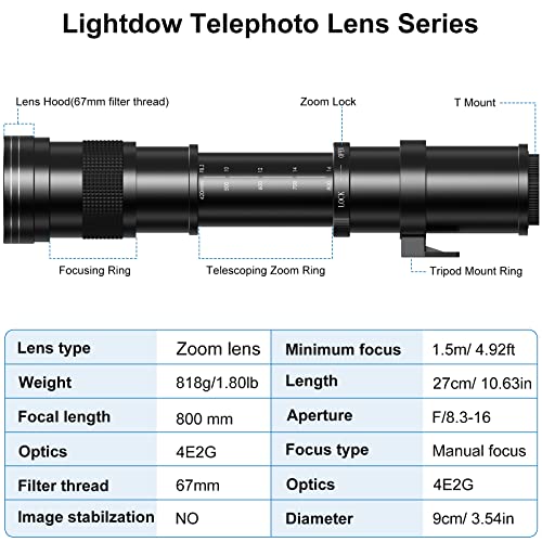 Lightdow F 420-800mm F8.3 Telephoto Zoom Lens(MF) + T-Mount for Nikon D850/D750/D500/D7500/D610/D5600/D7200/D7000/D3500/D3400/D3300/D3200/D3100/D5/D6 - Manual Focus DSLR Cameras Lens(F-Mount) - Image 2