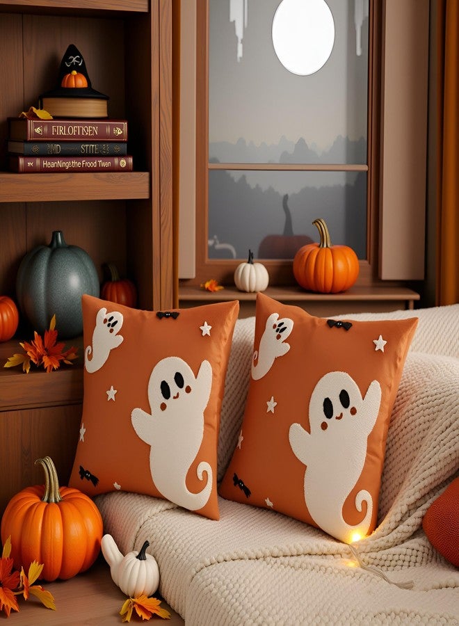Tosleo Halloween Throw Pillow Covers 18x18 inch Set of 2 Halloween White Spooky Ghosts Embroidered Pillow Cases Thanksgiving Home Party Fall Decor Pillowcases Square Orange Velvet Cushion Covers - Image 5
