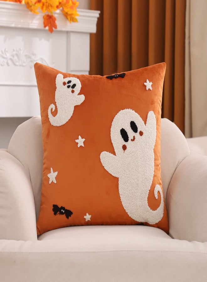 Tosleo Halloween Throw Pillow Covers 18x18 inch Set of 2 Halloween White Spooky Ghosts Embroidered Pillow Cases Thanksgiving Home Party Fall Decor Pillowcases Square Orange Velvet Cushion Covers - Image 4