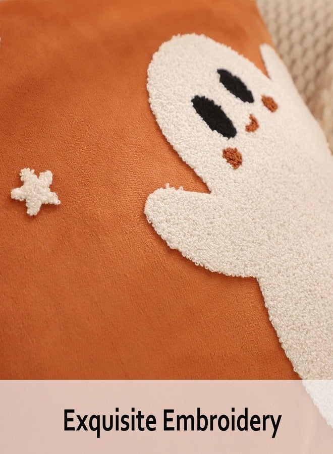 Tosleo Halloween Throw Pillow Covers 18x18 inch Set of 2 Halloween White Spooky Ghosts Embroidered Pillow Cases Thanksgiving Home Party Fall Decor Pillowcases Square Orange Velvet Cushion Covers - Image 2