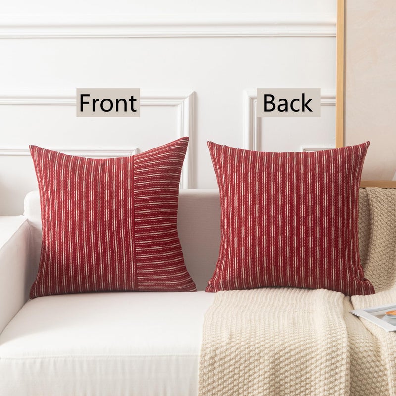 K KEVIN TEXTILE Kevin Textile Wine Red and Beige Patchwork Farmhouse Throw Pillow Covers 16 x 16 Inch  Pack of 2 Striped Linen Decorative Pillow Case for Sofa Couch Chair Bedroom Modern Decor  - Image 4