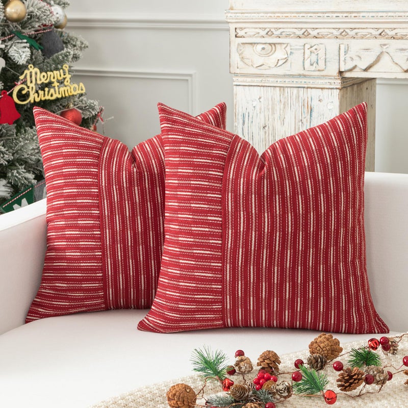 K KEVIN TEXTILE Kevin Textile Wine Red and Beige Patchwork Farmhouse Throw Pillow Covers 16 x 16 Inch  Pack of 2 Striped Linen Decorative Pillow Case for Sofa Couch Chair Bedroom Modern Decor  - Image 1