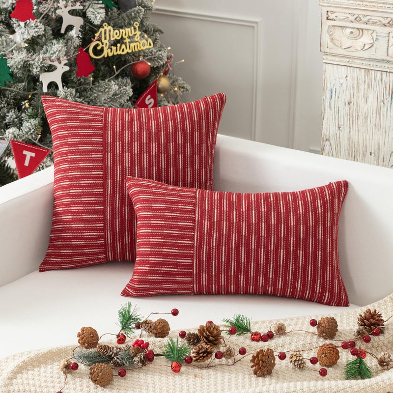 K KEVIN TEXTILE Kevin Textile Wine Red and Beige Patchwork Farmhouse Throw Pillow Covers 16 x 16 Inch  Pack of 2 Striped Linen Decorative Pillow Case for Sofa Couch Chair Bedroom Modern Decor  - Image 5