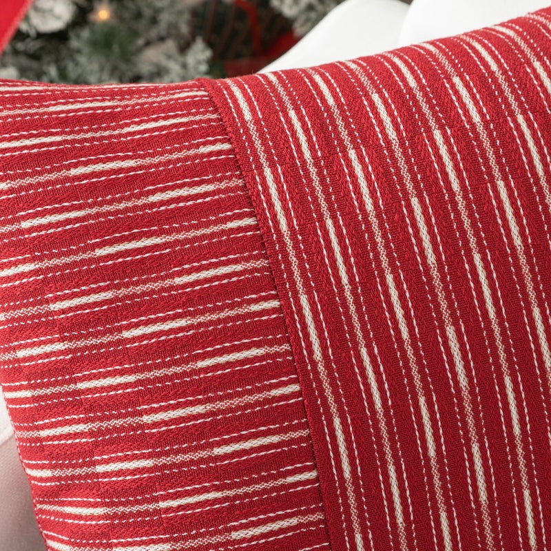 K KEVIN TEXTILE Kevin Textile Wine Red and Beige Patchwork Farmhouse Throw Pillow Covers 16 x 16 Inch  Pack of 2 Striped Linen Decorative Pillow Case for Sofa Couch Chair Bedroom Modern Decor  - Image 3