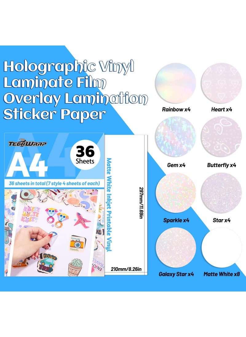 TECKWRAP TECKWRAP Holographic Sticker Paper Clear Overlay Lamination Vinyl Matte White Inkjet Printable Vinyl 8.26" x 11.69" A4 Size 36 Sheets/Pack Laminate Sticker Film for Craft, Scrapbooking, Craft Cutters  - Image 2