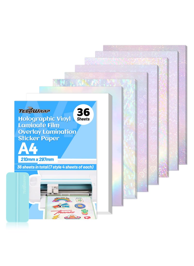 TECKWRAP TECKWRAP Holographic Sticker Paper Clear Overlay Lamination Vinyl Matte White Inkjet Printable Vinyl 8.26" x 11.69" A4 Size 36 Sheets/Pack Laminate Sticker Film for Craft, Scrapbooking, Craft Cutters  - Image 1