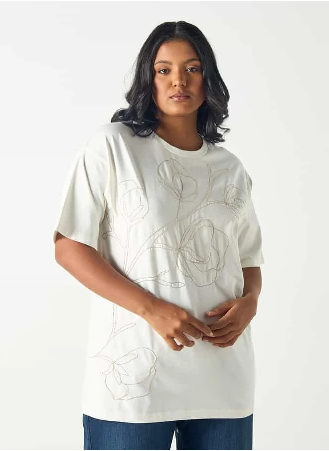 Ulla Popken Plus Size Ulla Popken Floral Embroidered Round Neck T-shirt with Short Sleeves