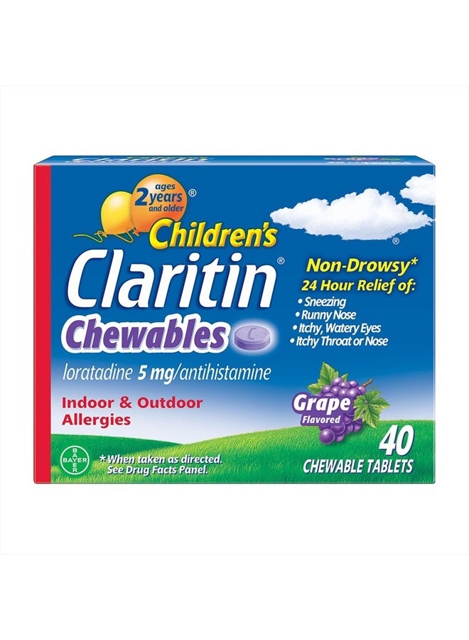 Claritin أقراص مضغ للأطفال لتخفيف الحساسية لمدة 24 ساعة، دواء حساسية للأطفال غير مسبب للنعاس، أقراص مضغ بنكهة العنب، للأطفال من عمر 2 سنة وما فوق، 40 حبة - Image 1