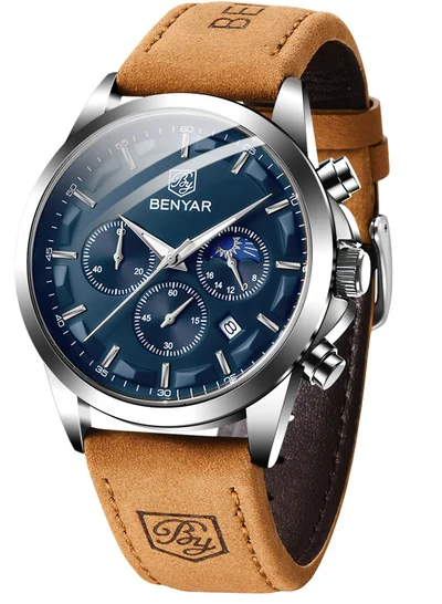 بينيار بواسطة بينيار الرجال ساعة كرونوغراف 30 متر للماء مضيئة كلاسيكية ساعات الأزياء رقم كبير تاريخ التناظرية ساعة الكوارتز هدية أنيقة للرجال