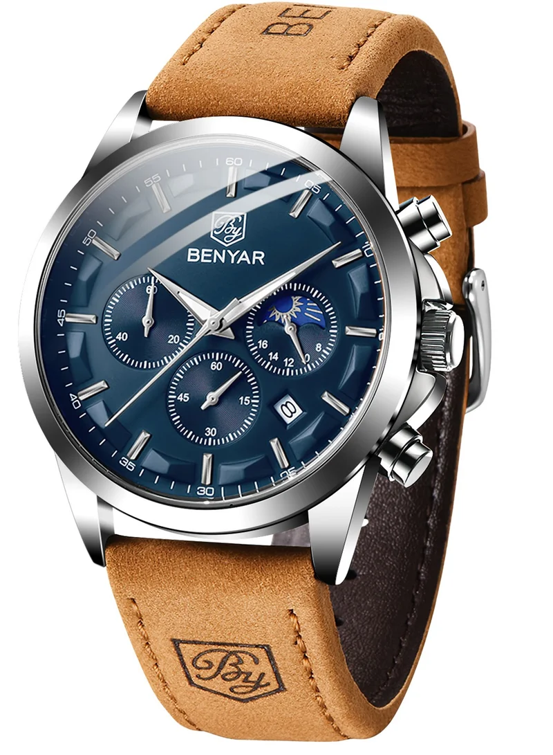 بينيار بواسطة بينيار الرجال ساعة كرونوغراف 30 متر للماء مضيئة كلاسيكية ساعات الأزياء رقم كبير تاريخ التناظرية ساعة الكوارتز هدية أنيقة للرجال