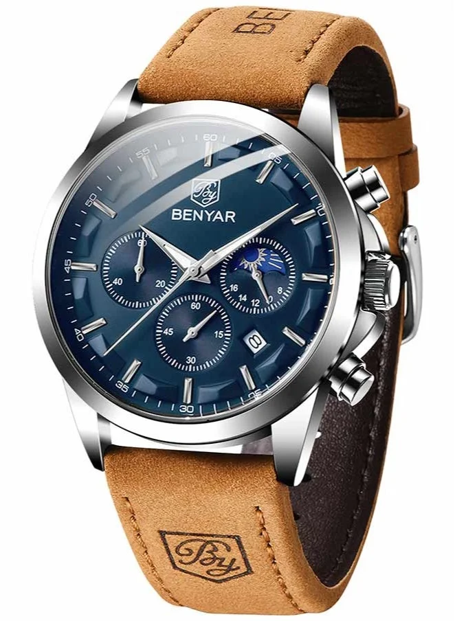 Benyar BY BENYAR Men's Chronograph Watch 30 m Waterproof Luminous Classic Fashion Watches Large Dial Date Analogue Quartz Watch Elegant Gift for Men