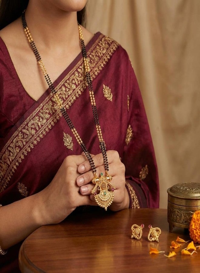 طقم مانجالسوترا مطلي بالذهب من AAIKU مع أقراط | سلسلة من صفين من الخرز الأسود وقلادة دائرية من حجر الياقوت | مجوهرات زفاف عرقية مصقولة بدقة (36 بوصة) - Image 2