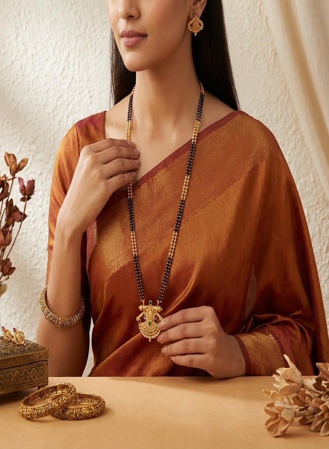 طقم مانجالسوترا مطلي بالذهب من AAIKU مع أقراط | سلسلة من صفين من الخرز الأسود وقلادة دائرية من حجر الياقوت | مجوهرات زفاف عرقية مصقولة بدقة (36 بوصة) - Image 5