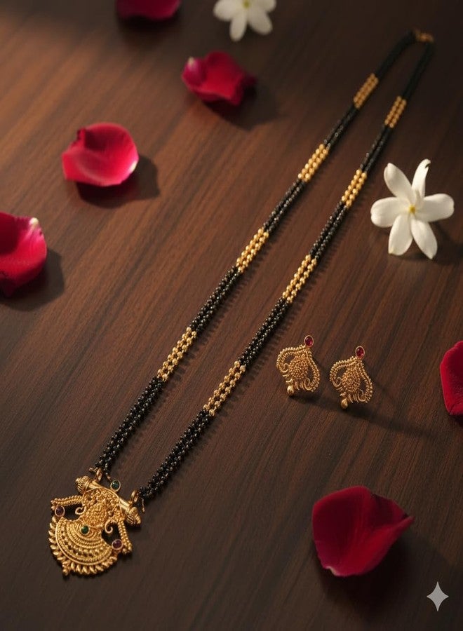 طقم مانجالسوترا مطلي بالذهب من AAIKU مع أقراط | سلسلة من صفين من الخرز الأسود وقلادة دائرية من حجر الياقوت | مجوهرات زفاف عرقية مصقولة بدقة (36 بوصة) - Image 4