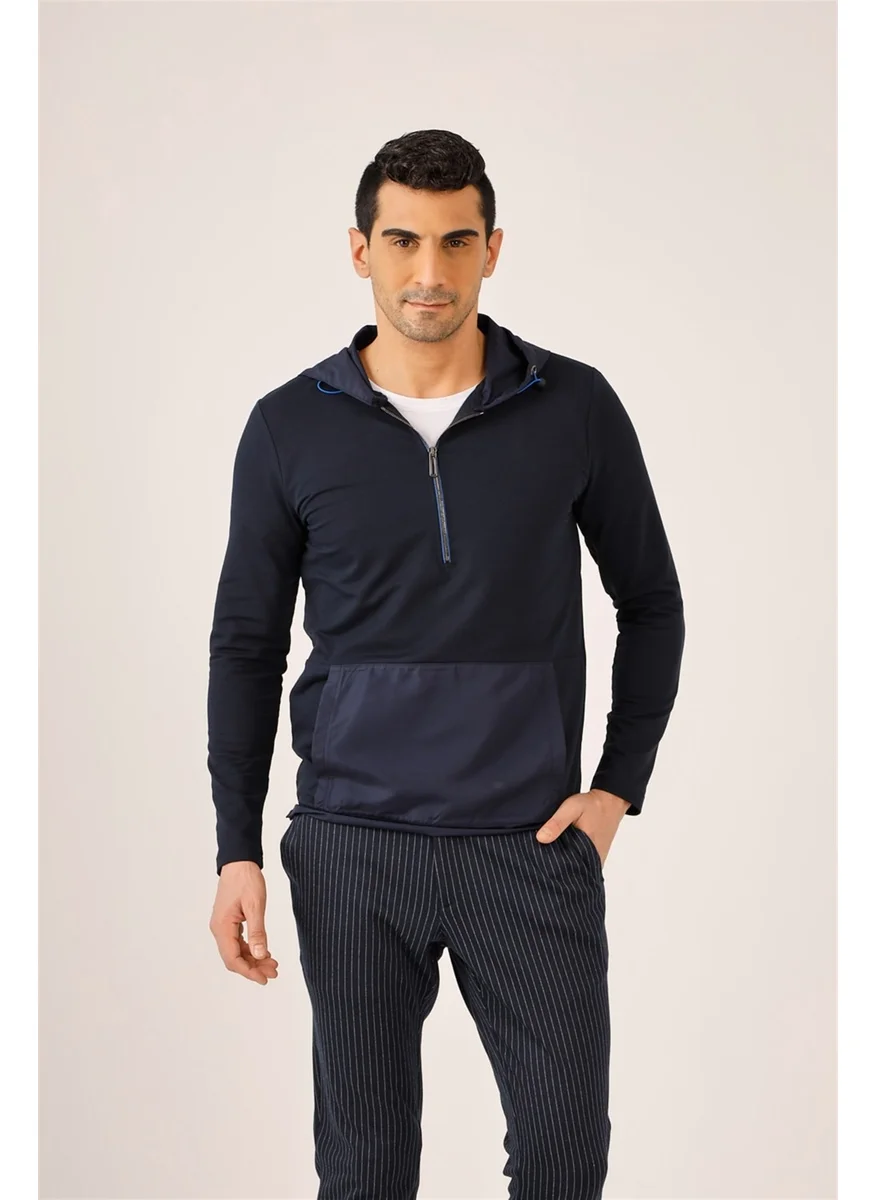 Dufy Navy Blue Men's Slim Fit Hooded Sweatshirt