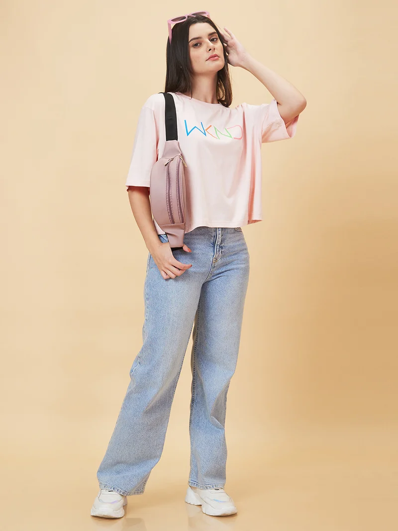 جلو باص تيشيرت نسائي قطن بيور بياقة دائرية وأكمام واسعة بقصة فضفاضة كاجوال